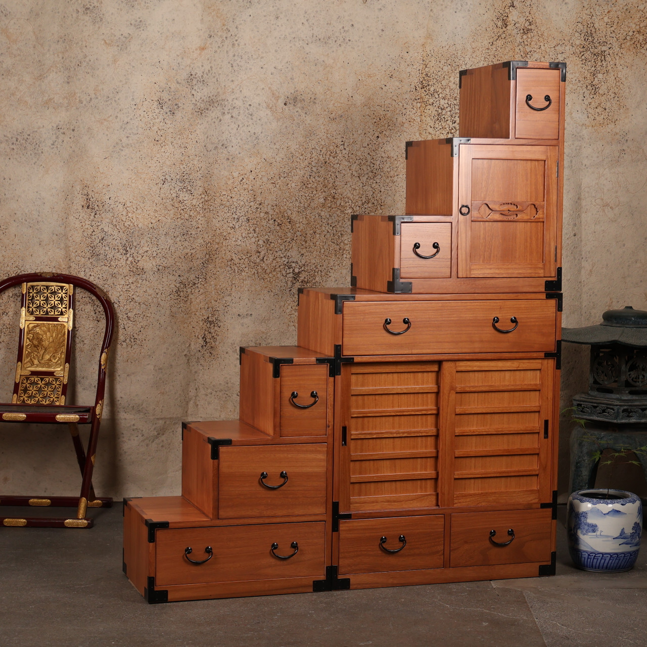 Japanese Glass-Door Book Tansu — 8 Drawers, Modern Revival